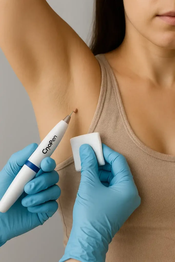 woman having cryopen to remove underarm skin tags Stourport-on-Severn