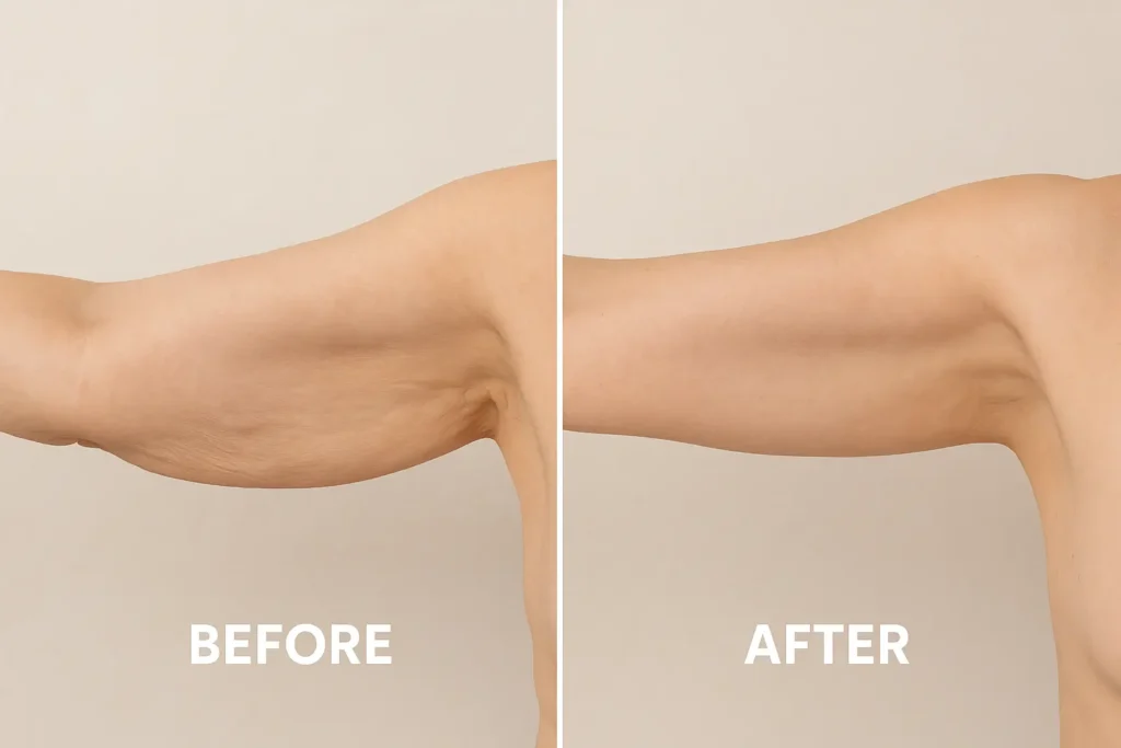 Picture of LA LIPO Stourport-on-Severn before and after results of skin tightening treatment on the upper arms.