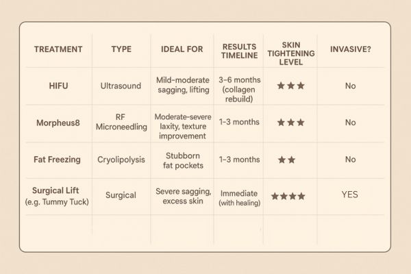 Table showing the comparisons of Skin tightening Stourport-on-Severn treatment options.